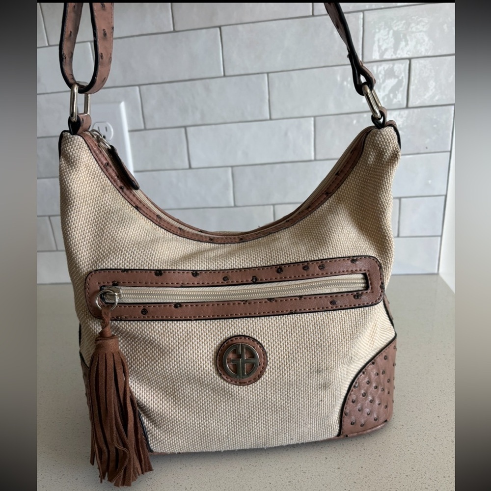 Giani Bernini Embossed Vegan Ostrich Leather Canvas Hobo Shoulder Bag Purse Tan